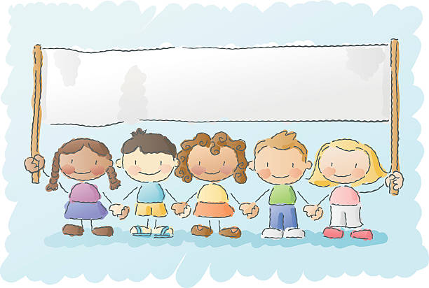scribbles: kids with signs vector illustration of multicultural / multiracial kids holding a banner: insert your own message! layered and grouped for easy editing african american boy drawing stock illustrations