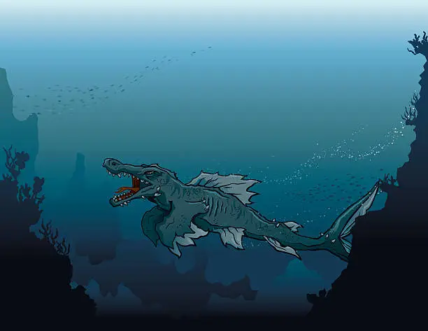 Vector illustration of Sea Monster Swimming in Deep, Dark Water