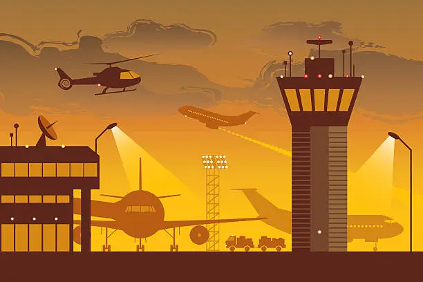 Vector illustration of Orange and gray vector image of a busy airport