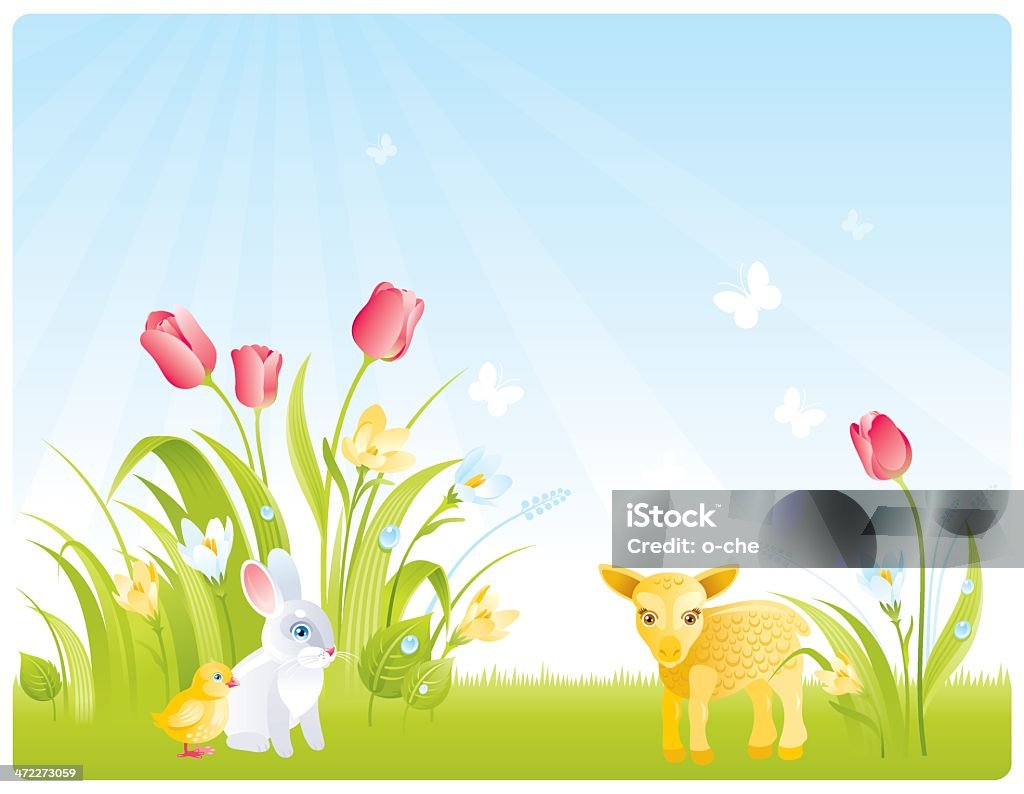 Fondo de primavera con flores y aminal cubs - arte vectorial de Borde libre de derechos