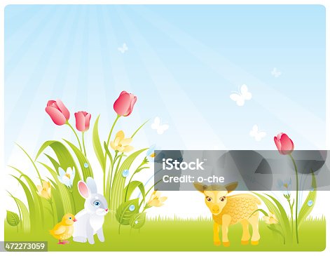 istock Spring background with flowers and aminal cubs 472273059