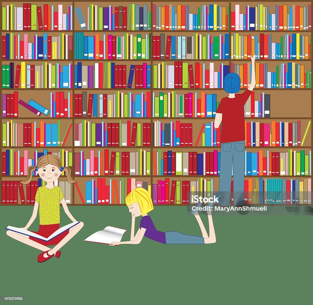 Três filhos a ler na biblioteca - Royalty-free Biblioteca arte vetorial