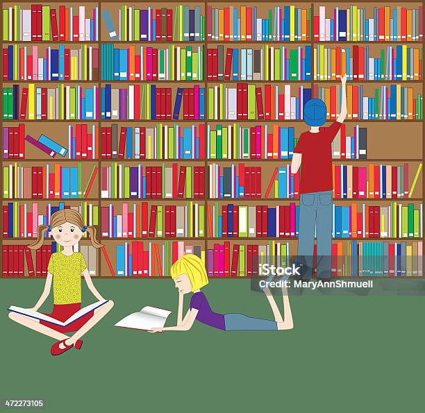 Três Filhos A Ler Na Biblioteca - Arte vetorial de stock e mais imagens de Biblioteca - Biblioteca, Criança, Aprender