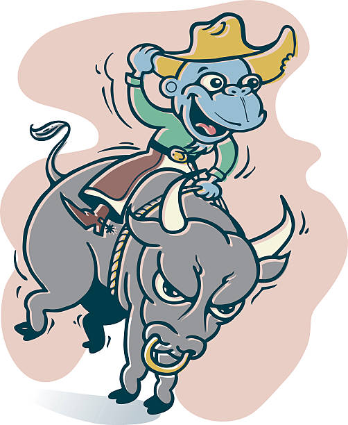 illustrazioni stock, clip art, cartoni animati e icone di tendenza di blu rodeo scimmia cowboy attrazioni di nuovo - rodeo bull bull riding cowboy