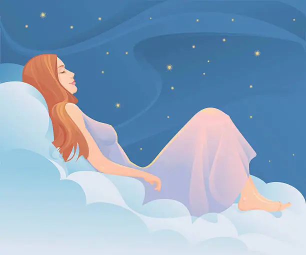 Vector illustration of Woman sleeping in the clouds.
