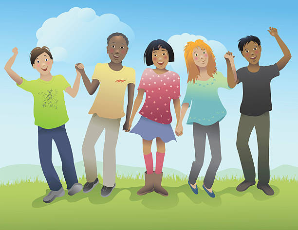 Happy Kids A group of 5 kids, "tweens", stand on a grassy knoll in the sun, holding hands and showing happy, positive feelings. Kids on one layer, background separate.  junior high age stock illustrations