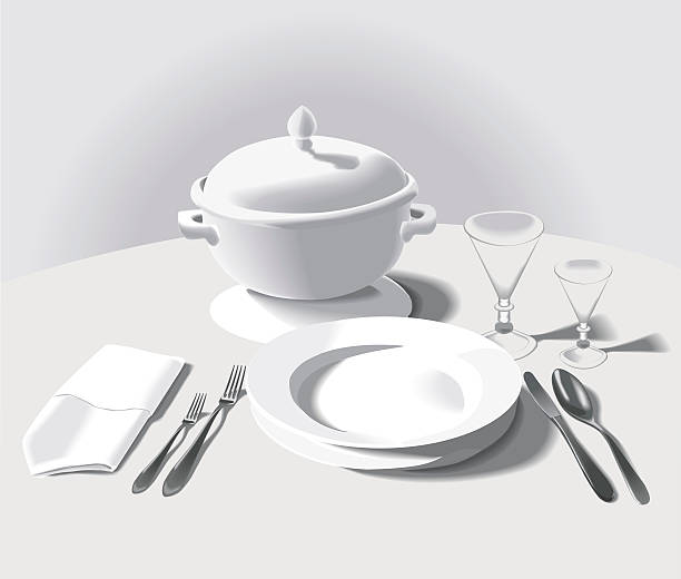 ilustraciones, imágenes clip art, dibujos animados e iconos de stock de lugar entorno formal con tazón para la sopa - spoon napkin silverware white