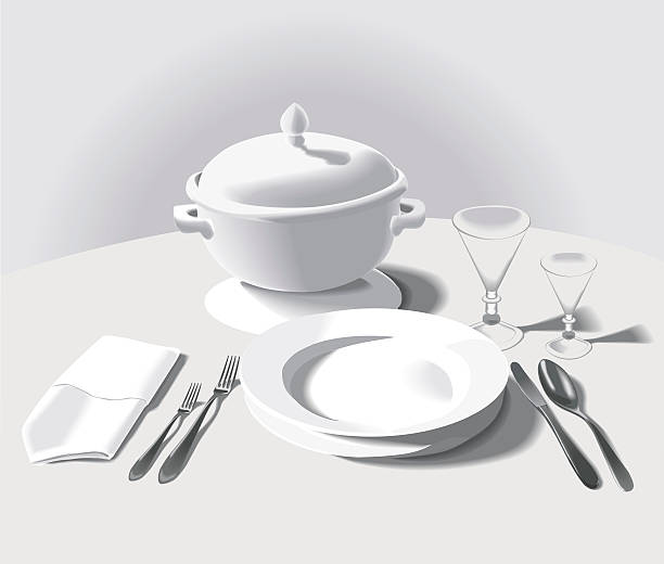 ilustrações, clipart, desenhos animados e ícones de formal configuração-com tigela de sopa - spoon napkin silverware white