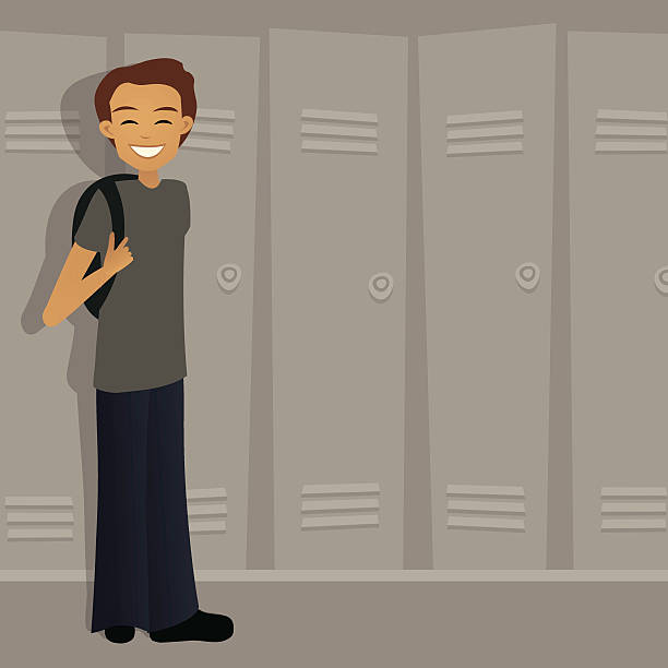 Boy at school by lockers Teenage boy stands in a school hallway in front of lockers. locker high school student student backpack stock illustrations