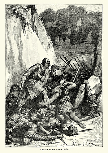 Vintage engraving of Roland at the narrow defile. Roland (died 15 August 778) was a Frankish military leader under Charlemagne who became one of the principal figures in the literary cycle known as the Matter of France. The Battle of Roncevaux Pass was a battle in 778 in which Roland, prefect of the Breton March and commander of the rear guard of Charlemagne's army, was defeated by the Basques.