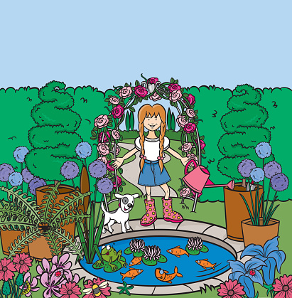 Large colourful scene of a girl and her dog in garden.