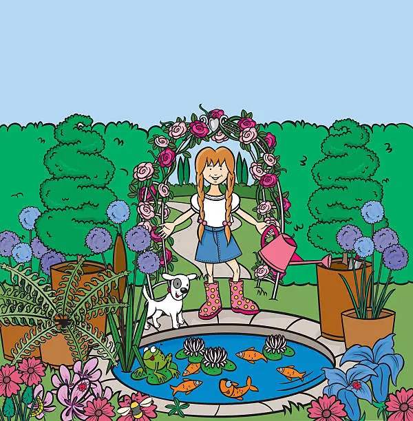 Vector illustration of Young girl in garden