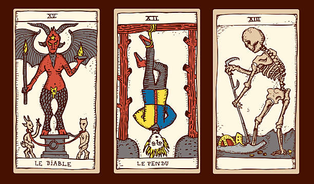 Three tarot cards 3 vector tarot cards: death, the Devil and the Hanged Man, in  an etching style, fill colors and line art fully editable. tarot cards stock illustrations