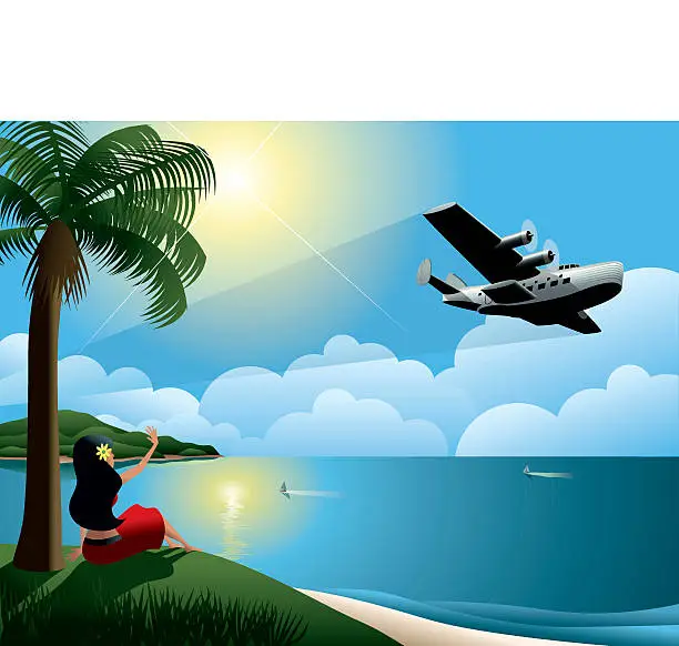 Vector illustration of Young Woman Waving at Airplane Leaving Tropical Island