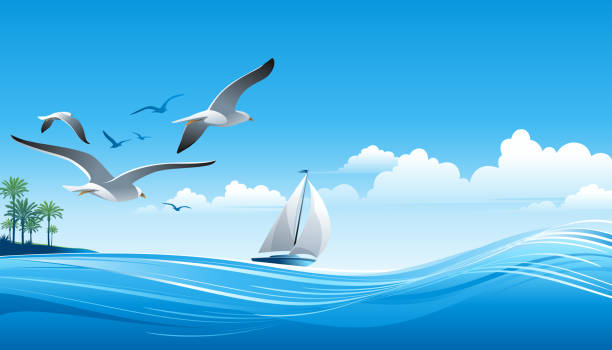 Sailing Sailing. Summer waves. All elements are saparate objects, grouped and layered. File is made with gradient. Global color used. 300dpi jpeg included.Please take a look at other works of mine linked below. seagull stock illustrations