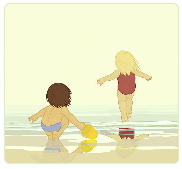Children at the beach vector art illustration