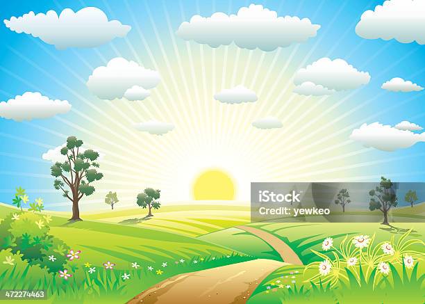 A Cartoon Image Of A Sunny Meadow Stock Illustration - Download Image Now - Agricultural Field, Backgrounds, Cloud - Sky