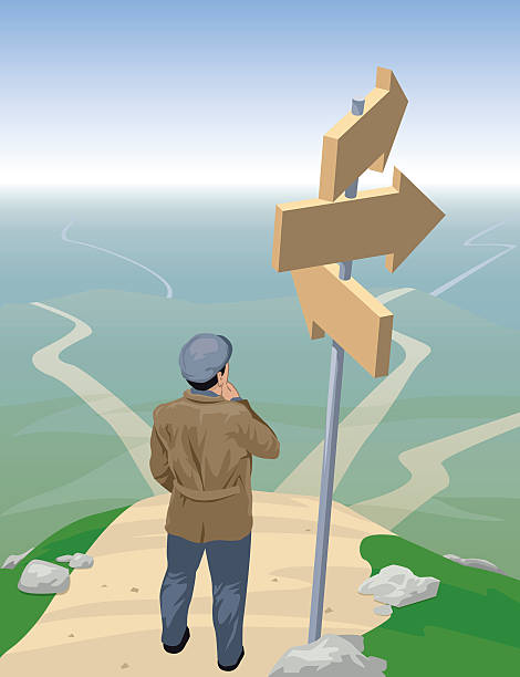 Man at crossroads A man stands at a summit, contemplating the roads/choices available to him. crossroads sign illustrations stock illustrations