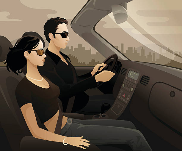 illustrazioni stock, clip art, cartoni animati e icone di tendenza di fumetto di uomo e donna in auto convertibile - car men sensuality couple