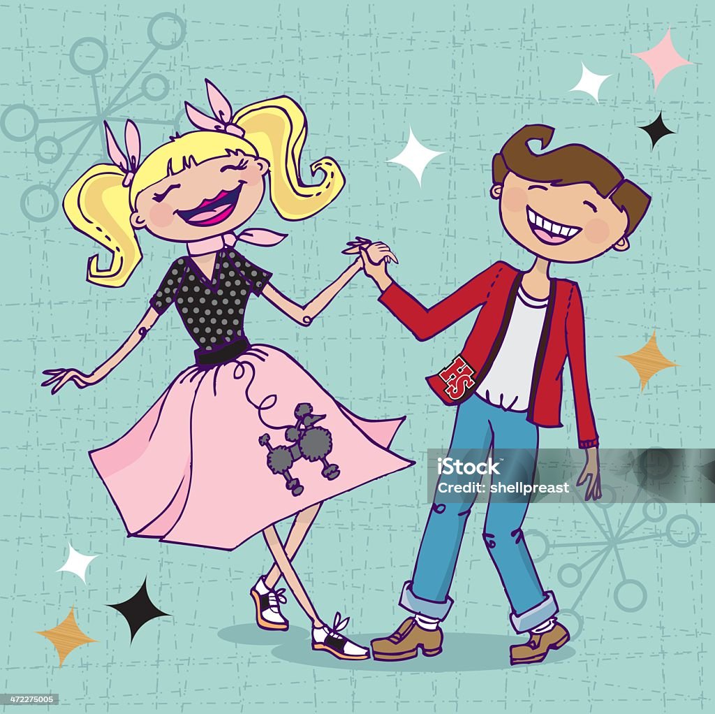 Sock Hop 1950's style sock hop. Kids dressed in traditional 50's style. Couple in hand-drawn style. 1950-1959 stock vector