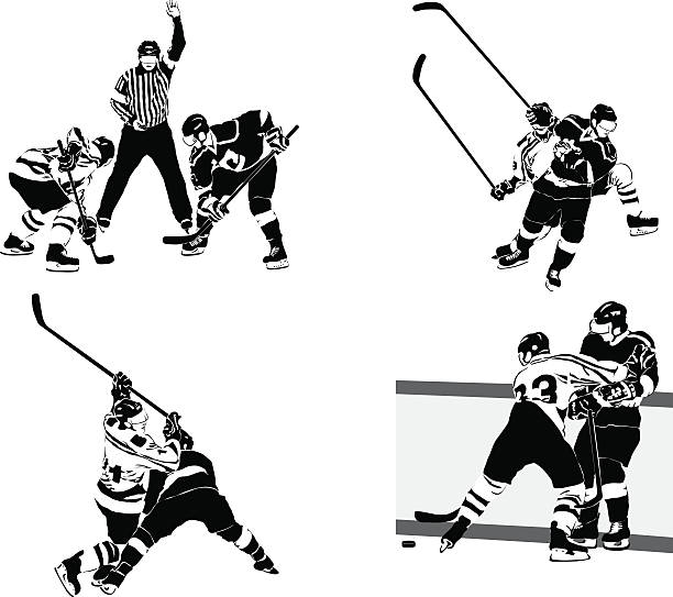 ice hockey figures Hand drown figures of ice hockey players. head protector stock illustrations