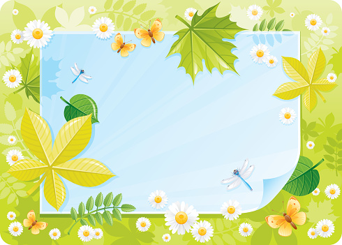 Forest spring frame with fresh leafs, butterflies and dragonflies. CDR-11, AI 10, JPG are available in ZIP. 