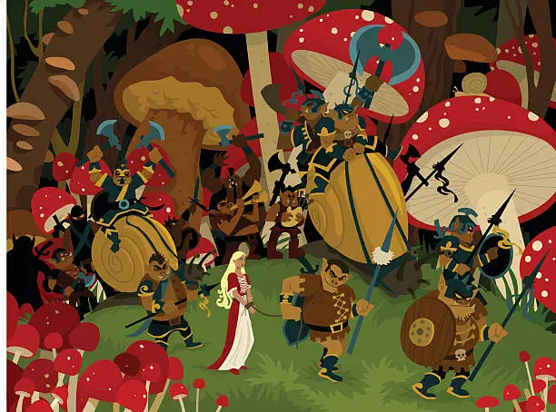 Vector illustration of Cartoon Captured Princess Being Paraded by Dwarf Goblins