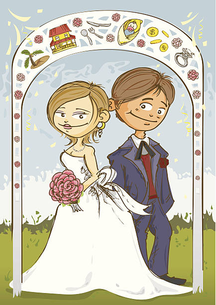 신부 및 신랑 at 제단 - couple two parent family ring wedding dress stock illustrations