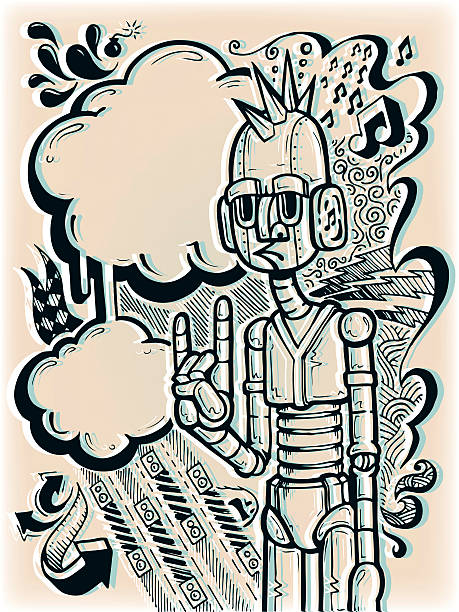 Rockbot A robot rocks out the music programmed in his head. (Large JPG & SVG included with download.) graffiti illustrations stock illustrations