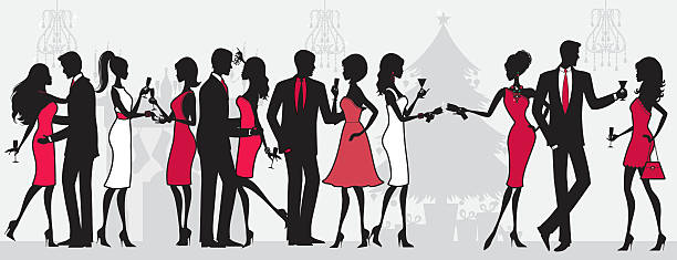 Christmas Party People A group of people at a christmas party. See below for a silhouetted version of this file. All characters on separate layers for easy editing. formalwear illustrations stock illustrations