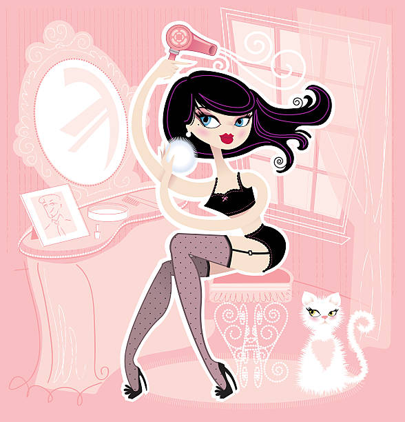 illustrations, cliparts, dessins animés et icônes de pin-up se préparer - make up women pin up girl domestic cat