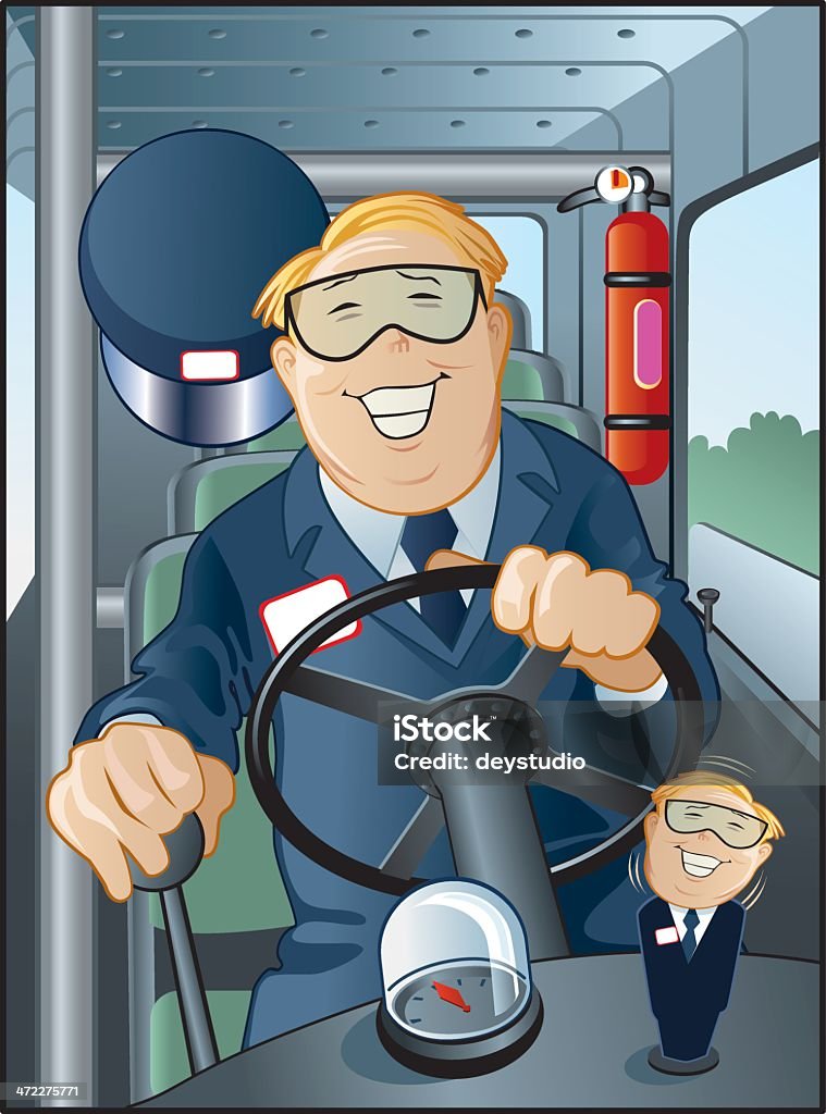 Bus Driver - Happy and Jolly! Bus driver, very happy at his job in Public Transportation. Bobble-head doll of himself on dashboard. Bus Driver stock vector
