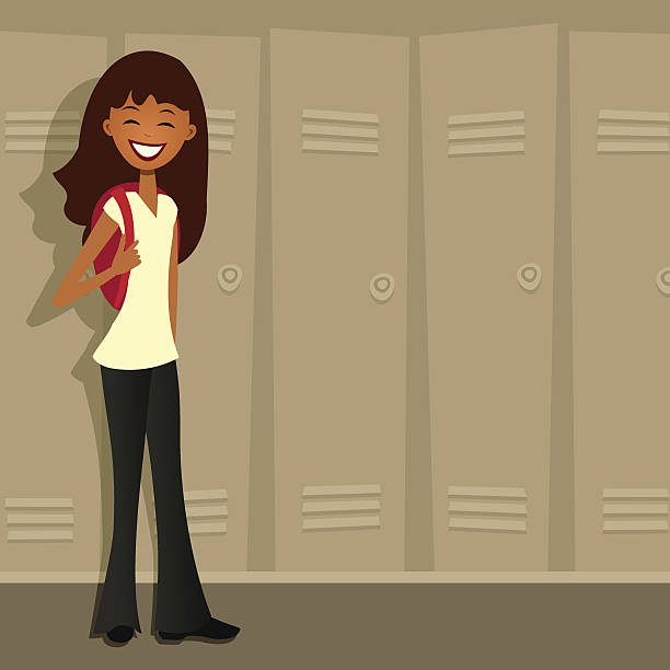 Girl in Front of School Lockers, Retro Style A pretty teenage girl stands in a school hallway. locker high school student student backpack stock illustrations