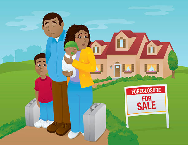 ilustrações de stock, clip art, desenhos animados e ícones de foreclosed casa família preto - foreclosed