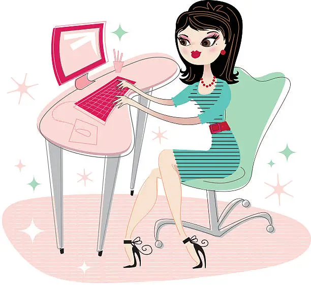 Vector illustration of Woman working at desk on computer