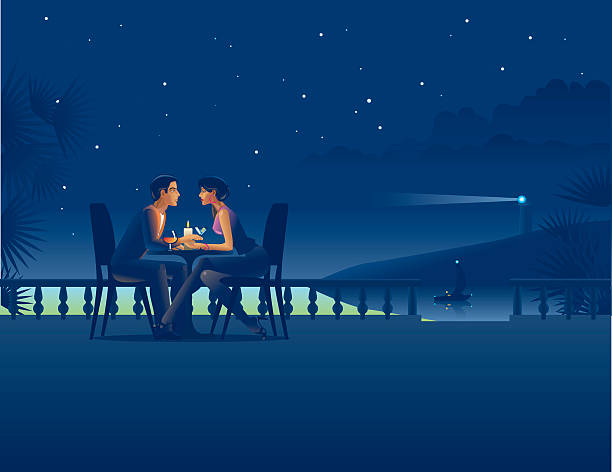 Couple in night coast cafe. Vector illustration of the couple in night coast cafe. You can upload your design project to Design spotlight: http://www.istockphoto.com/design_upload.php , so you will get 5 credits to your Istockphoto account.  date night romance stock illustrations