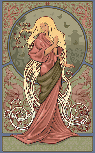 Woman with long flowing blond hair, wearing a kimono, with an art nouveau background. Well structured and organized file with named layers. Vector RGB.