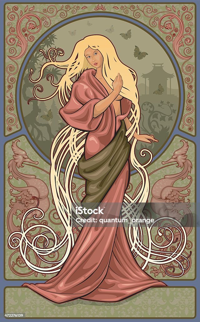 kimono woman Woman with long flowing blond hair, wearing a kimono, with an art nouveau background. Well structured and organized file with named layers. Vector RGB. Art Nouveau stock vector