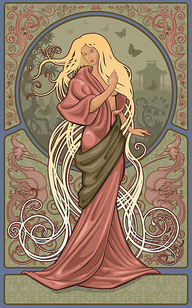 kimono woman Woman with long flowing blond hair, wearing a kimono, with an art nouveau background. Well structured and organized file with named layers. Vector RGB. blond hair illustrations stock illustrations