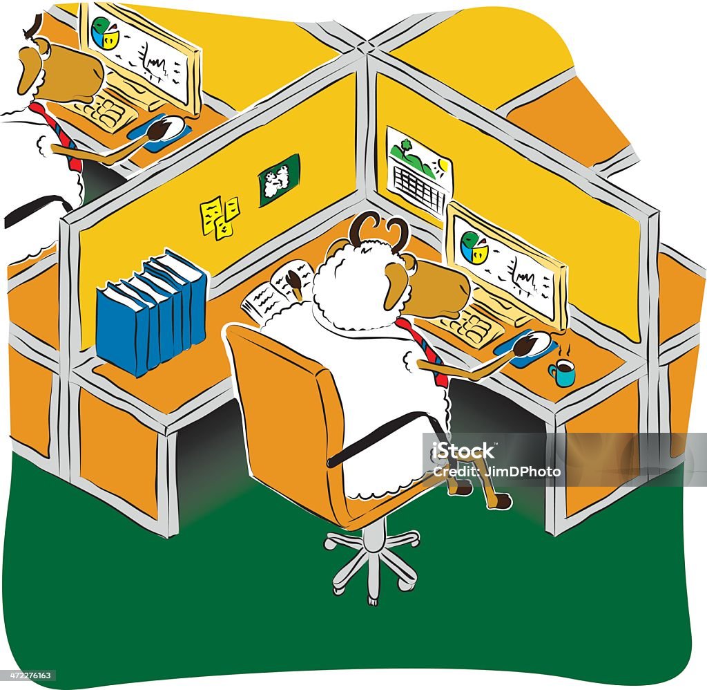 Office Sheep Two Sheep working on exactly the same thing on their computers looking bored from the same daily routine. Great for corporate situations. This Illustration has a hand drawn feel to it. The line work and colors are on different layers for easy editing. AI (CS3) file included. Made with simple colors and linear gradients.  Computer stock vector