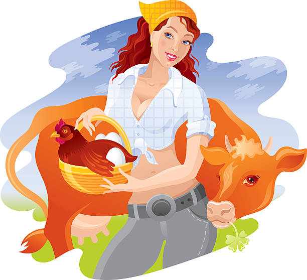 ilustraciones, imágenes clip art, dibujos animados e iconos de stock de joven agricultor chica con vaca y gallina en la cesta - eggs farm basket dairy farm