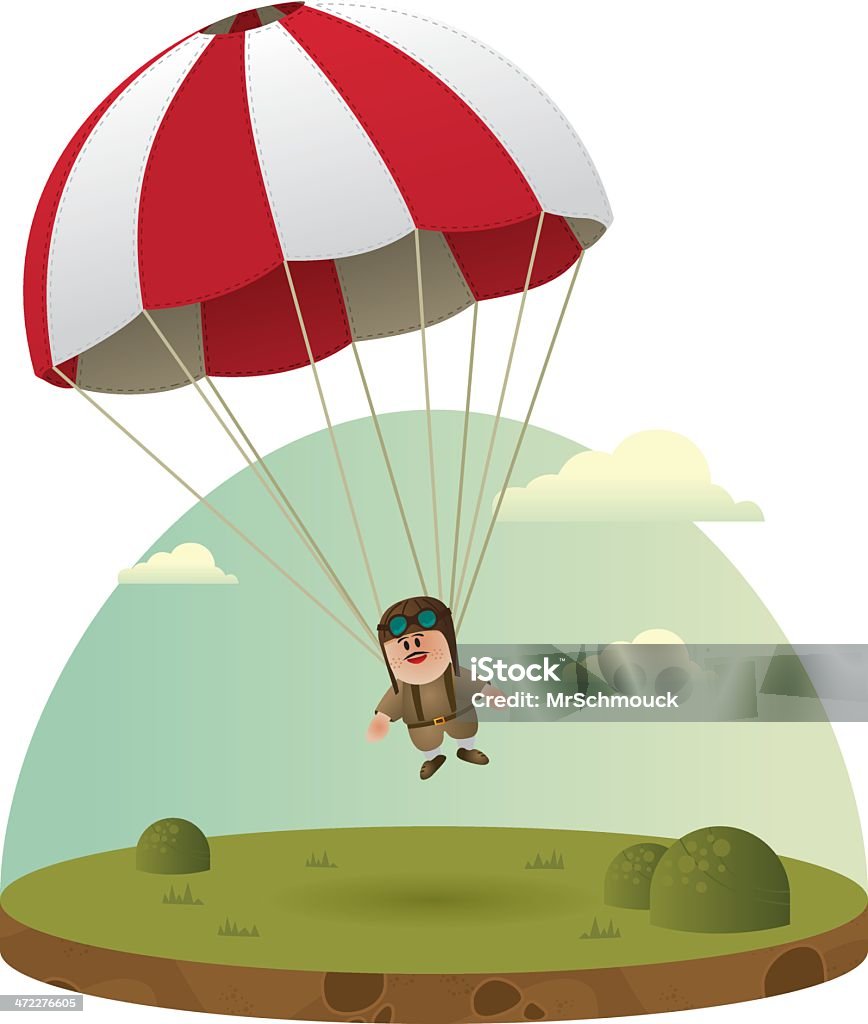 Paratrooper ! A cartoon retro pilot falling to the ground with his parachute Parachuting stock vector