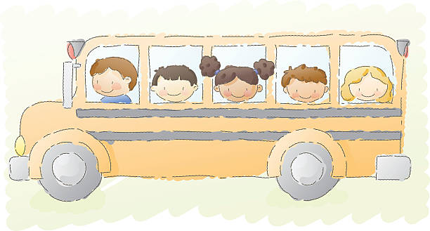 scribbles: school bus happy kids on their way to school field trip clip art stock illustrations