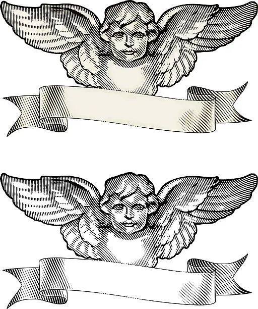 Vector illustration of Cherub Angel and Banner Engraving