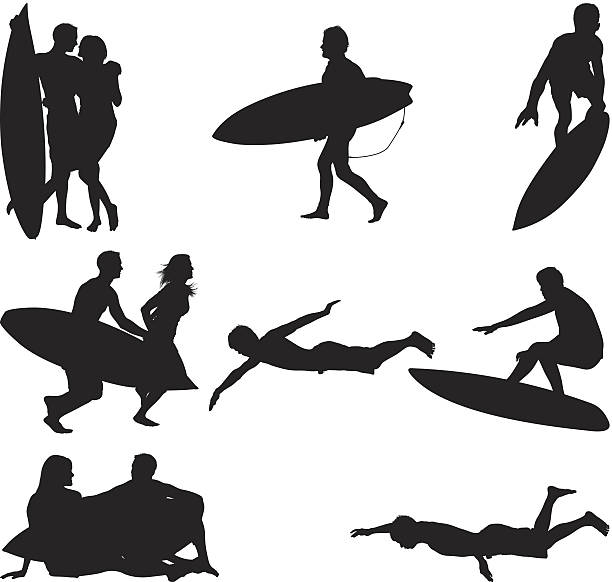 ilustraciones, imágenes clip art, dibujos animados e iconos de stock de actividades en la playa y diversión veraniega - silhouette swimming action adult