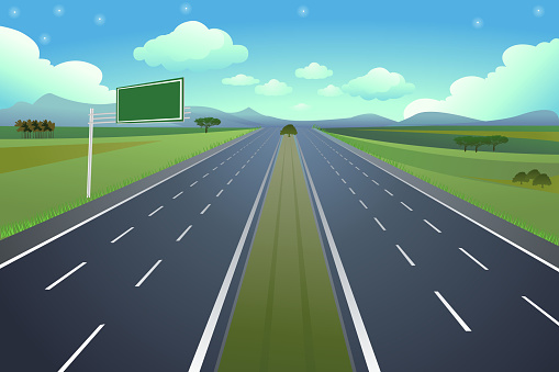 Self illustrated beautiful 6 lane highway with sign.Each element in a separate layers.Very easy to edit vector file.