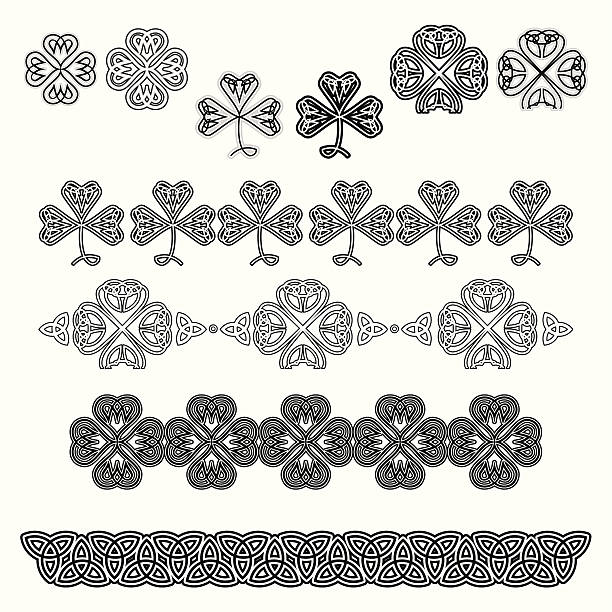 Set of Celtic Design Elements (Black&amp;White) Set of Celtic designs and shamrock elements. Black and white. Vector.  celtic shamrock tattoos stock illustrations