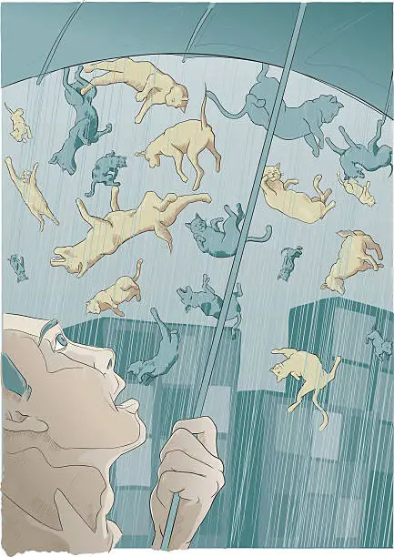 Vector illustration of Man with umbrella in rainstorm of cats and dogs