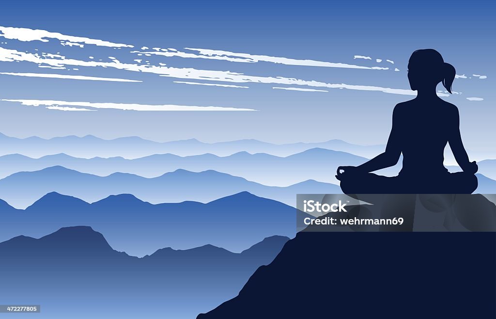 Yoga in the Mountains Vector illustration of a silhouette of a woman, sitting in lotus postion on a rock in front of mountains Yoga stock vector