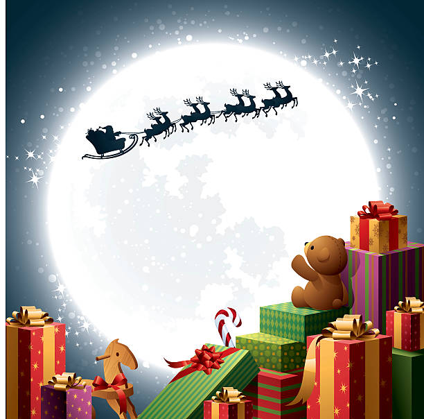 ilustraciones, imágenes clip art, dibujos animados e iconos de stock de regalos de navidad-santa trineo - gift santa claus christmas present christmas
